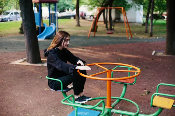 Teen Girl Seating Little Carousel Kid Playground — Stock Photo, Image
