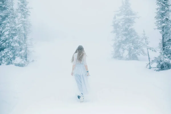 Woman wearing elf ears, dreadlocks and white dress in winter snowy Christmas tree forest. Fog and mystery frozen day