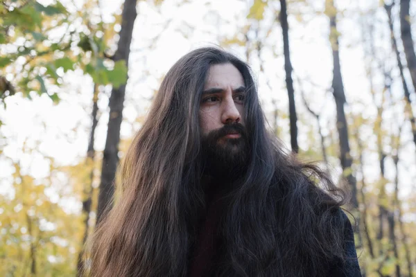 Atmospheric Autumn Outdoor Portrait Young Man Wearing Long Hair Beard — Stock Photo, Image