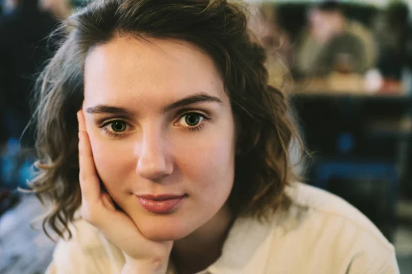 Young Smiling Confident Female Close Portrait Cafe — Stock Photo, Image