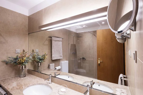 Łazienka Toaleta Prosty Wystrój Wnętrz Brązowe Kolory Lustra Ścianie — Zdjęcie stockowe