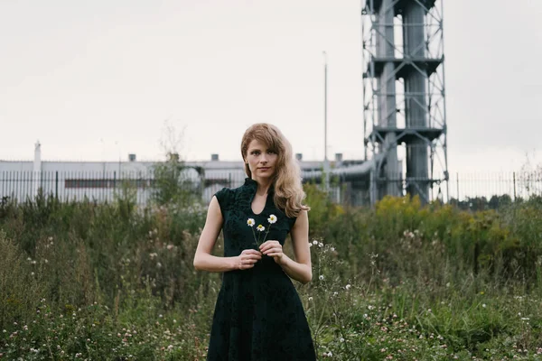 Portrait Beautiful Fashion Woman Holding Flower Standing Factory Outdoor — Stock Photo, Image