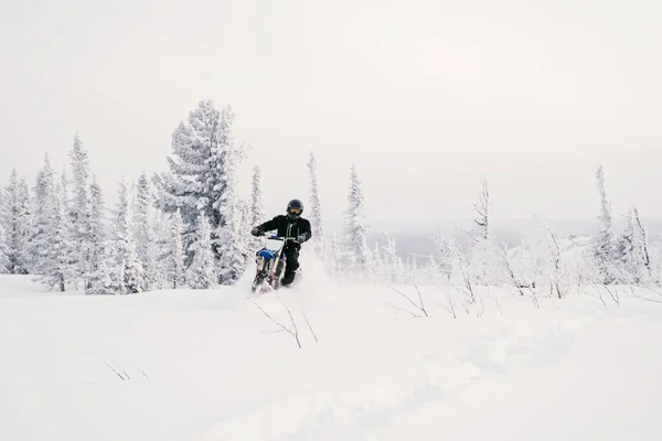 Jinete Con Moto Nieve Montaña Cubierta Nieve Slop Niebla Soleada —  Fotos de Stock