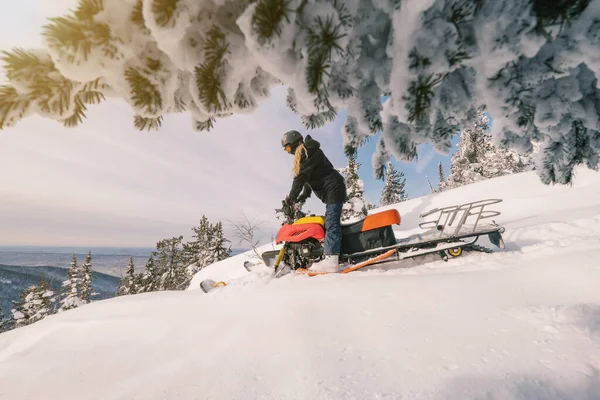 Beautiful Woman Driving Snowmobile Deep Snow Winter Forest Mountain Top — Stock Photo, Image