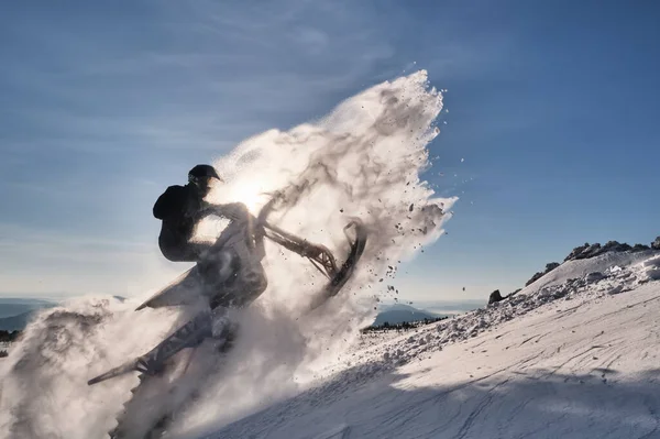 Snowbike Cavalier Dans Vallée Montagne Modifier Vélo Saleté Avec Des — Photo