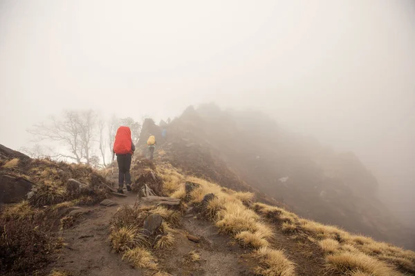Группа Туристов Гуляющих Белым Туманным Горам Над Облаками Пропастью — стоковое фото