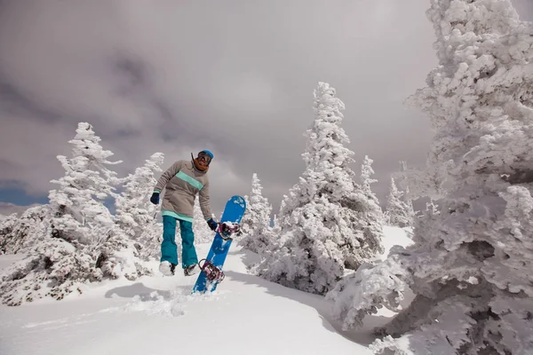 Feliz Snowboarder Invierno Bosque Nevado Árboles Congelados Día Soleado —  Fotos de Stock