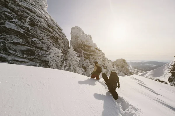 Сноубордисты Держат Доски Идущие Глубоким Снегом Фрирайда Зимних Горах Заснеженные — стоковое фото