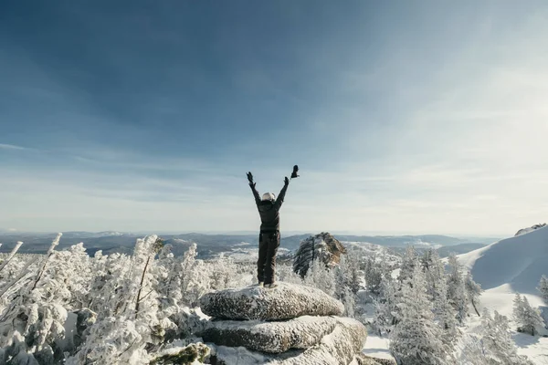 Wanderin Steht Mit Erhobenen Händen Auf Dem Gipfel Und Bewundert — Stockfoto