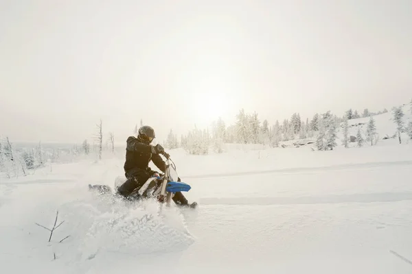 Καβαλάρης Snowbike Στο Χιόνι Καλύπτονται Βουνό Slop Ηλιόλουστη Ομίχλη Υπαίθρια — Φωτογραφία Αρχείου