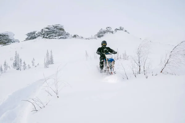 Jinete Con Moto Nieve Montaña Cubierta Nieve Slop Niebla Soleada —  Fotos de Stock
