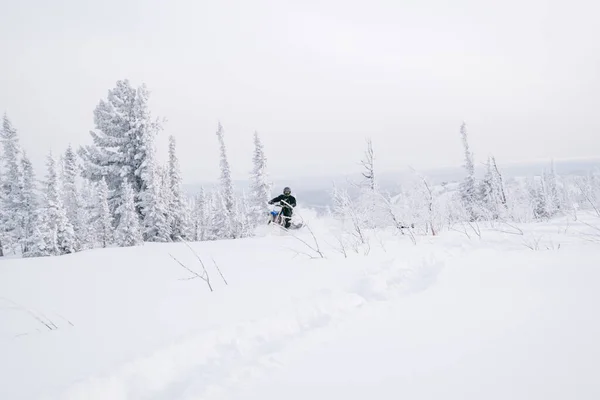 Καβαλάρης Snowbike Στο Χιόνι Καλύπτονται Βουνό Slop Ηλιόλουστη Ομίχλη Υπαίθρια — Φωτογραφία Αρχείου