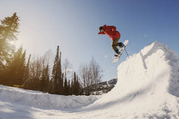 Snowboardista Samec Skákání Čtvrtině Trubky Snowboard Zimě Slunečný Den Freestyle — Stock fotografie