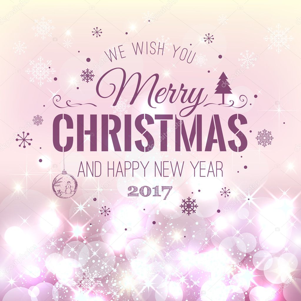 Christmas And New Year Typographical on pink Xmas background with snowflakes, light, stars. Vector Illustration. Xmas card