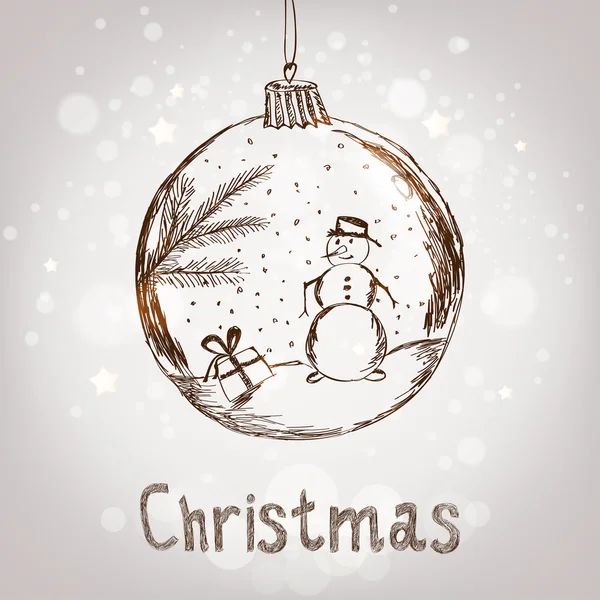 Handschrift Xmas bal met sneeuwpop voor Merry Christmas celebration op zilveren achtergrond met sneeuwvlokken. Vectorillustratie eps — Stockvector