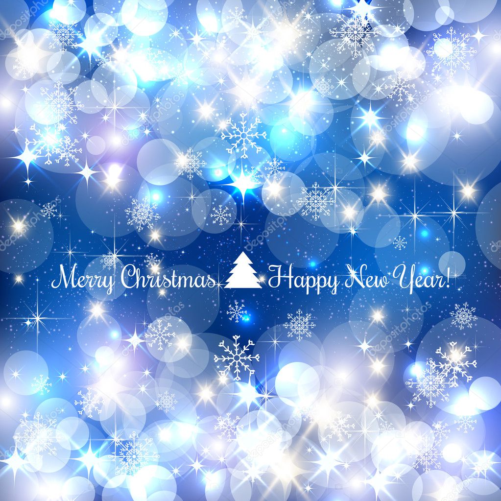 Blue Merry Christmas background with silver snowflakes, light, stars. Vector Illustration. Xmas card