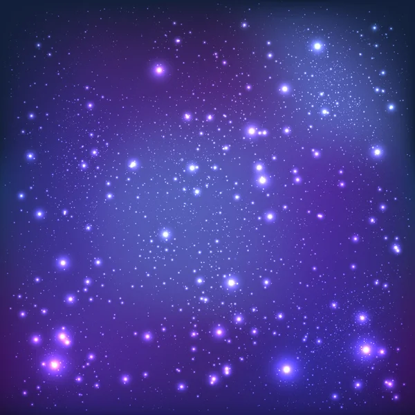 Fondo de galaxia violeta con luz, estrellas. Ilustración vectorial. Navidad y Año Nuevo — Vector de stock