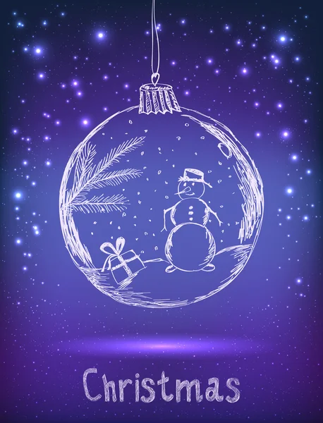 Brillante palla di Natale con pupazzo di neve per la festa di Buon Natale su sfondo viola scuro con luce, stelle. Disegnato a mano. Illustrazione delle fasi vettoriali — Vettoriale Stock