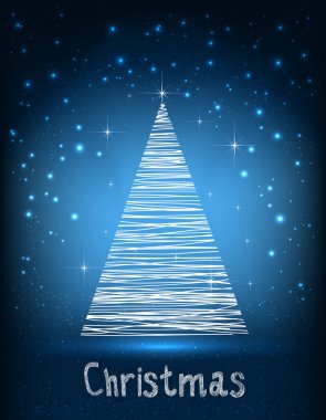 Neşeli Noel tipografi köknar ve ışık, yıldız, kar taneleri mavi gökada zemin üzerine. Elle çizilmiş. Vektör eps çizim. Noel ve yeni yıl kartı