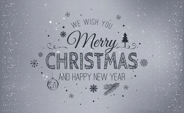 Noël et Nouvel An typographique sur fond de vacances avec flocons de neige, lumière, étoiles. Illustration vectorielle. Carte de Noël — Image vectorielle
