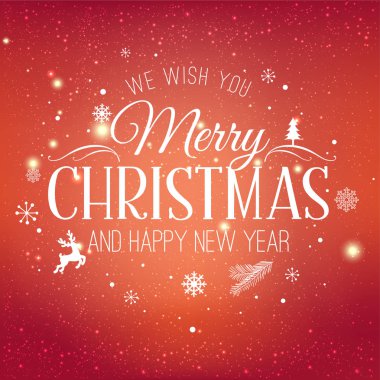 Noel ve Yeni Yıl 'da kar taneleri, ışık ve yıldızlarla dolu parlak Xmas arkaplanı üzerine tipografi. Vektör İllüstrasyonu. Xmas kartı
