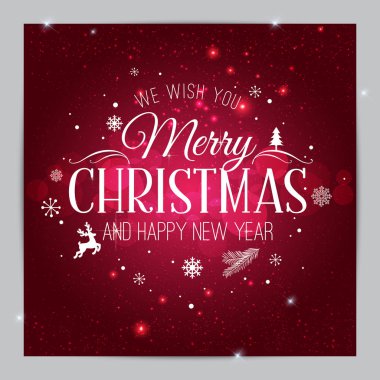 Noel ve Yeni Yıl 'da kar taneleri, ışık ve yıldızlarla dolu parlak Xmas arkaplanı üzerine tipografi. Vektör İllüstrasyonu. Xmas kartı