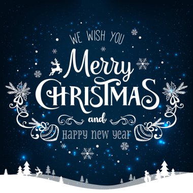 Yılbaşı ve yeni yıl arkaplanlarında kar taneleri, ışık ve yıldızlı kış manzaraları var. Xmas kartı. Vektör İllüstrasyonu