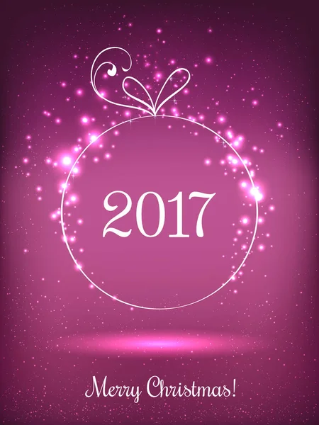 Bola de Natal brilhante para Feliz Natal 2017 celebração no fundo rosa com luz, estrelas, flocos de neve. Ilustração do vetor eps —  Vetores de Stock