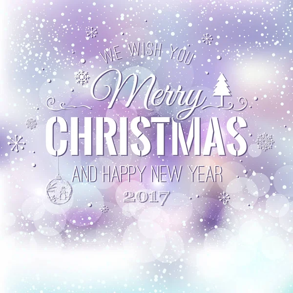 Jul och nyår typografiska på helgdagar bakgrund med snöflingor, ljus, stjärnor. Vektorillustration. Xmas card — Stock vektor