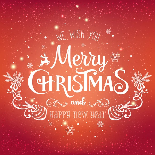 Jul och nyår typografiska på helgdagar bakgrund med snöflingor, ljus, stjärnor. Vektorillustration. Xmas card — Stock vektor