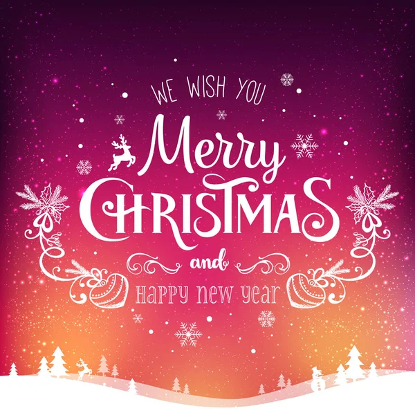 Natale e Capodanno tipografico su sfondo con paesaggio invernale con aurora boreale, fiocchi di neve, luce, stelle. Biglietto di Natale. Illustrazione vettoriale — Vettoriale Stock