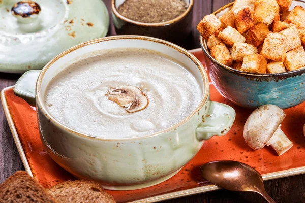 Sopa de crema en maceta de barro con champiñones, hierbas, crema y galletas saladas sobre fondo de madera oscura, comida saludable — Foto de Stock