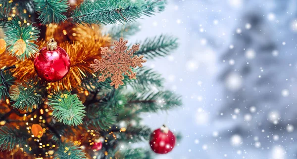 Christmas tree background and Christmas decorations with snow