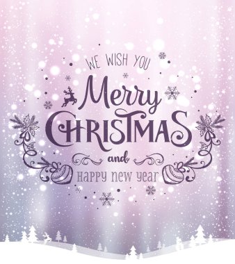 Yılbaşı ve yeni yıl arkaplanlarında kar taneleri, ışık ve yıldızlı kış manzaraları var. Xmas kartı. Vektör İllüstrasyonu