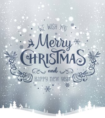 Yılbaşı ve yeni yıl arkaplanlarında kar taneleri, ışık ve yıldızlı kış manzaraları var. Xmas kartı. Vektör İllüstrasyonu