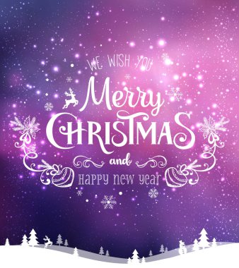 Yılbaşı ve yeni yıl arkaplanlarında kar taneleri, ışık ve yıldızlı kış manzaraları var. Xmas kartı. Vektör İllüstrasyonu