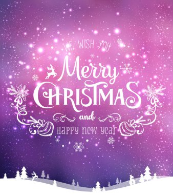 Yılbaşı ve yeni yıl arkaplanlarında kar taneleri, ışık ve yıldızlı kış manzaraları var. Xmas kartı. Vektör İllüstrasyonu