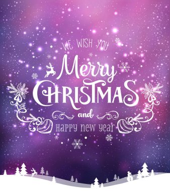 Yılbaşı ve yeni yıl arkaplanlarında kar taneleri, ışık ve yıldızlı kış manzaraları var. Xmas kartı. Vektör İllüstrasyonu