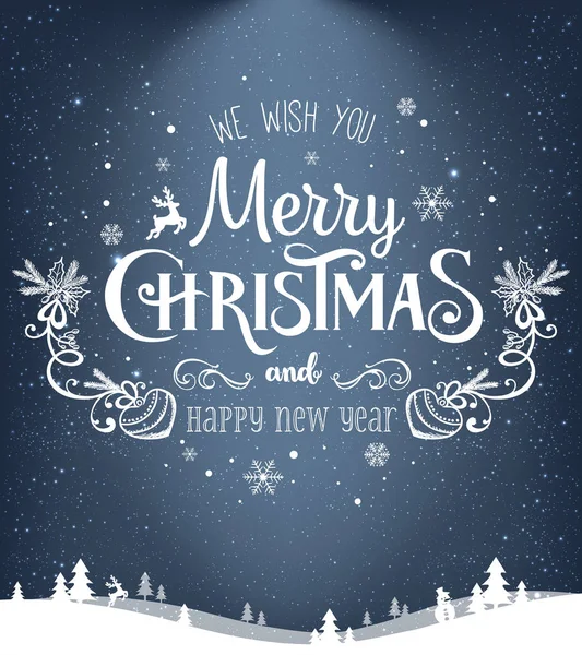 Weihnachten und Neujahr typografisch auf dunklem Hintergrund mit Winterlandschaft mit Schneeflocken, Licht, Sternen. Weihnachtskarte. Vektorillustration — Stockvektor