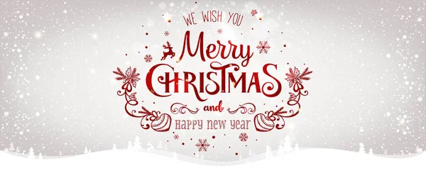 Noel ve Yeni Yıl, parlak Xmas arkaplanı, kar taneleri, ışık ve yıldızlı kış manzarası üzerine tipografi. Mutlu noel kartları. Vektör İllüstrasyonu