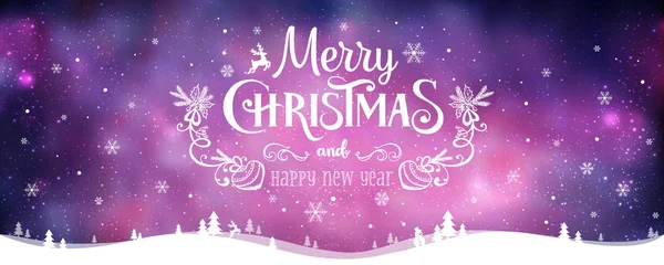 圣诞和新年快乐字体在假日背景与冬季风景与雪花，光，星星。7.病媒说明。圣诞卡 — 图库矢量图片