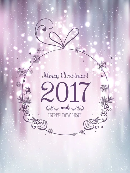 Shiny Christmas ball for Merry Christmas 2017 and New Year on beautiful background with light, stars, snowflakes. Holiday card. Vector eps illustration — Stock Vector