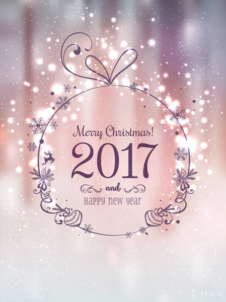 Brillante bola de Navidad para Feliz Navidad 2017 y Año Nuevo en hermoso fondo con luz, estrellas, copos de nieve. Tarjeta de vacaciones. Vector eps ilustración — Archivo Imágenes Vectoriales