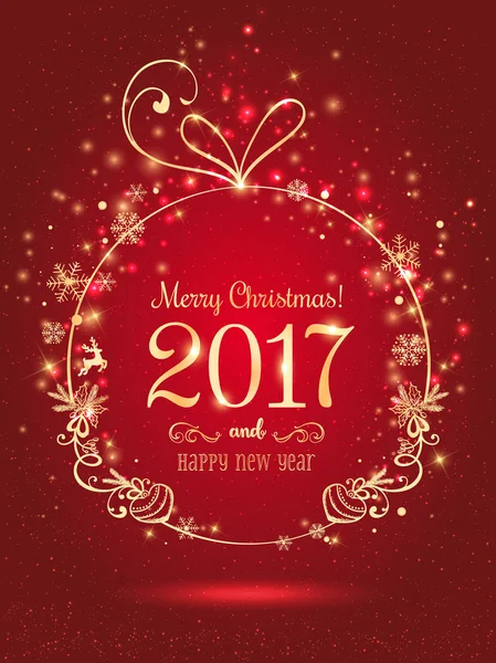 Bola de Natal de Ouro para Feliz Natal 2017 e Ano Novo em fundo azul com luz, estrelas, flocos de neve. Cartão de Natal. Ilustração do vetor eps — Vetor de Stock