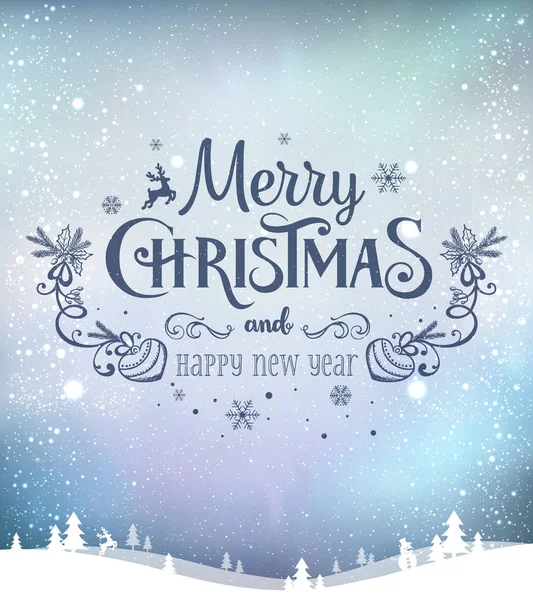 Jul och nyår typografisk på bakgrund med vinter landskap med snöflingor, ljus, stjärnor. Julkort. Vektor Illustration — Stock vektor