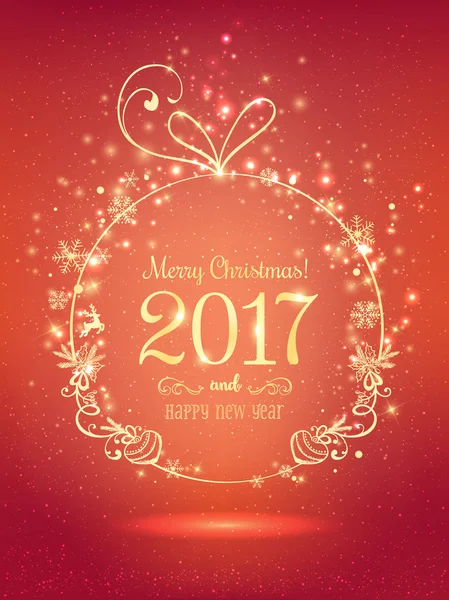 Bola de Natal de Ouro para Feliz Natal 2017 e Ano Novo em fundo vermelho com luz, estrelas, flocos de neve. Cartão de Natal. Ilustração do vetor eps — Vetor de Stock