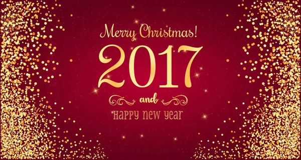 2017 jul och nyår typografiska på röd bakgrund med guld fyrverkeri. Xmas card. Vektorillustration — Stock vektor
