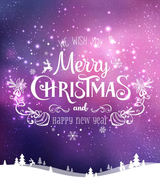 圣诞节和新年的背景字体与冬季风景与雪花，光，星星。圣诞卡。病媒图解 — 图库矢量图片