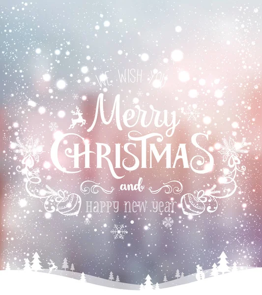 Natale e Capodanno tipografico su sfondo con paesaggio invernale con fiocchi di neve, luce, stelle. Biglietto di Natale. Illustrazione vettoriale — Vettoriale Stock