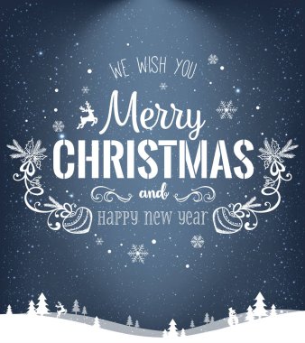 Noel ve yeni yıl kış yatay, kar taneleri, ışık, koyu zemin üzerine yazım yıldız. Noel kartı. Vektör çizim